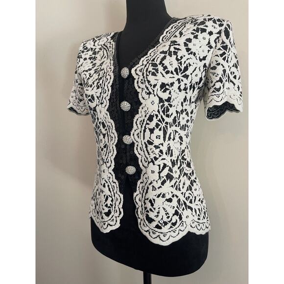 St. John Marie Gray evening blazer 2 black white scalloped edging floral knit